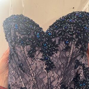 TONY BOWLS Gown Size 12 Evening w train NAVY Blue lace sequins NeverWorn NWOT